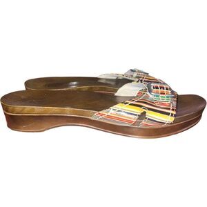 Vintage ￼Dr. Scholls Multicolored Leather Strap Wooden Clogs Slip On Sandals 8